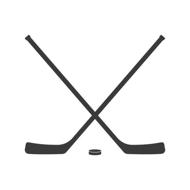 Ice hockey crossed sticks and puck icon Black silhouette isolated on white background. Sport equipment symbol. Vector illustration.